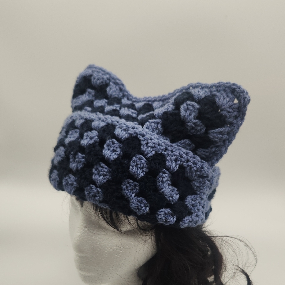 Handmade Unisex Granny Square Blue Crocheted Cat Ear Beanie Sack Hat Cat Hat